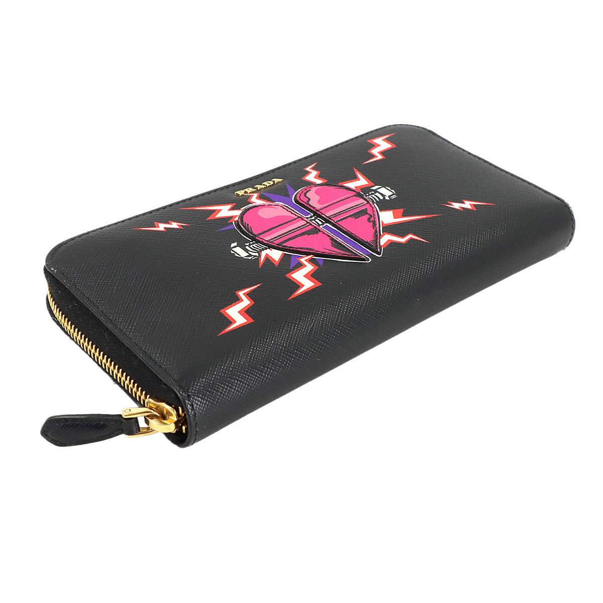 Heart Zipped Around Long Wallet Saffiano Leather Black 1ML506