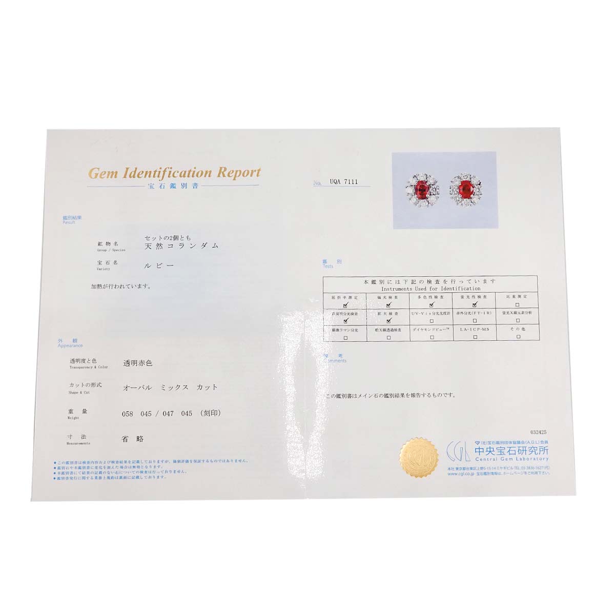 Ruby 0.58ct/0.47ct Diamond 0.45ct/0.45ct Earrings Pierced Pt