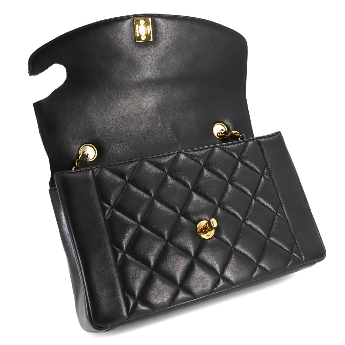 Diana Matelasse Chain Shoulder Bag Leather Black Purse