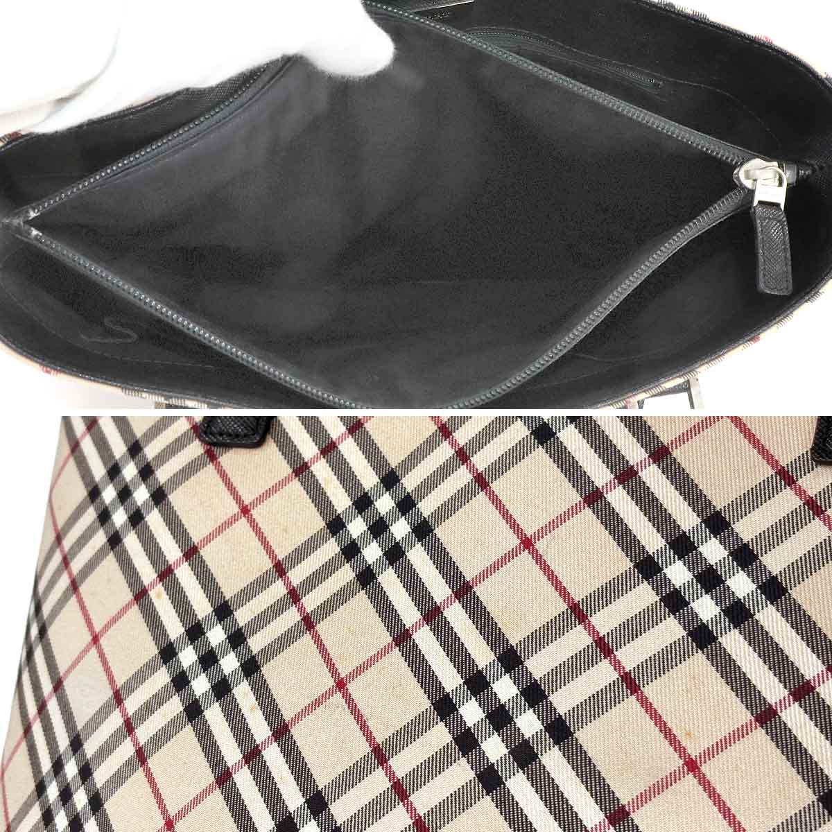 Plaid Tote Bag Canvas Leather Beige Black Purse