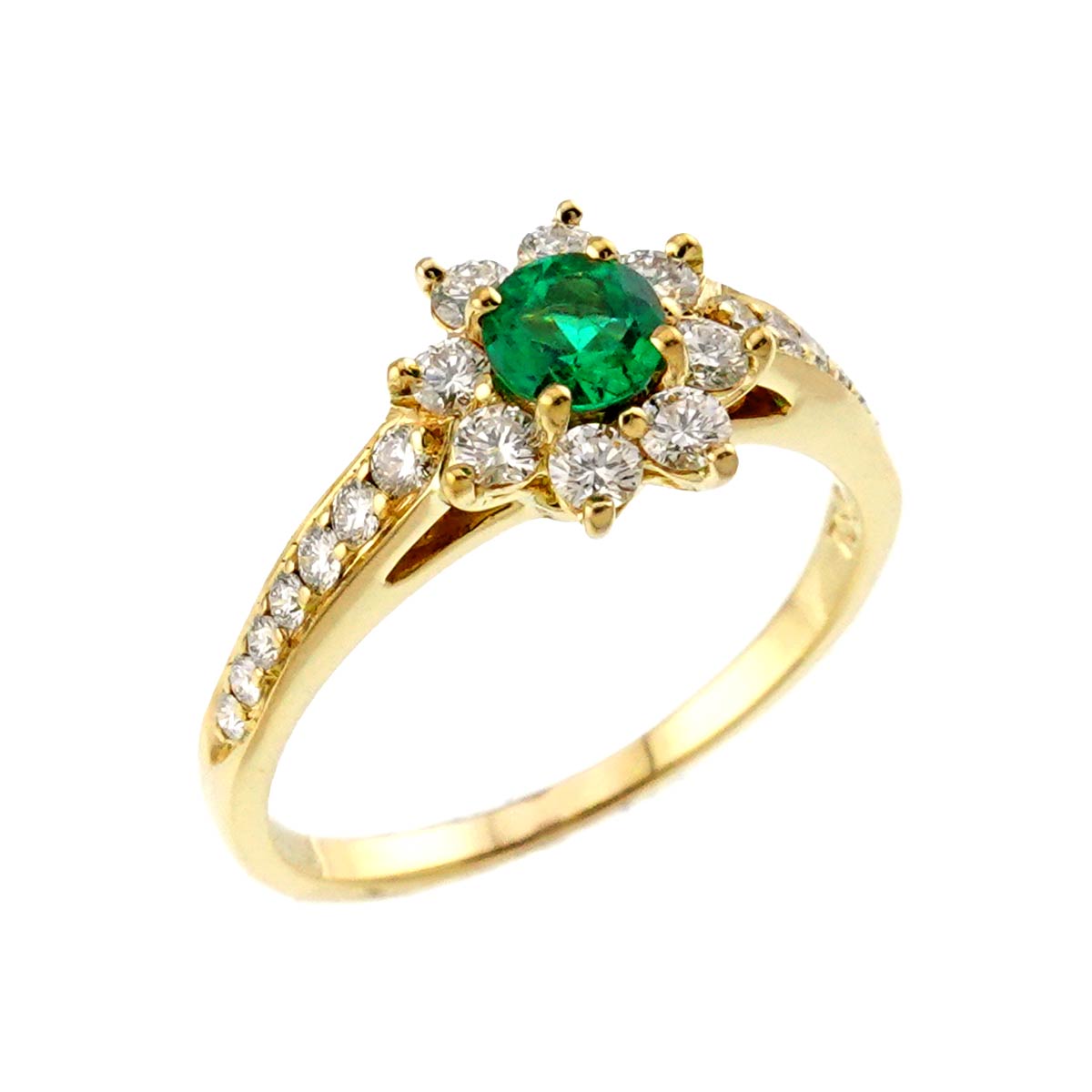 Emerald Diamond Ring 18K Yellow Gold 750 Size6(US)