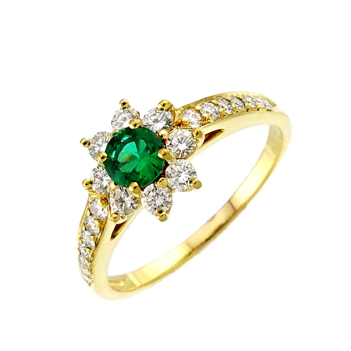 Emerald Diamond Ring 18K Yellow Gold 750 Size6(US)
