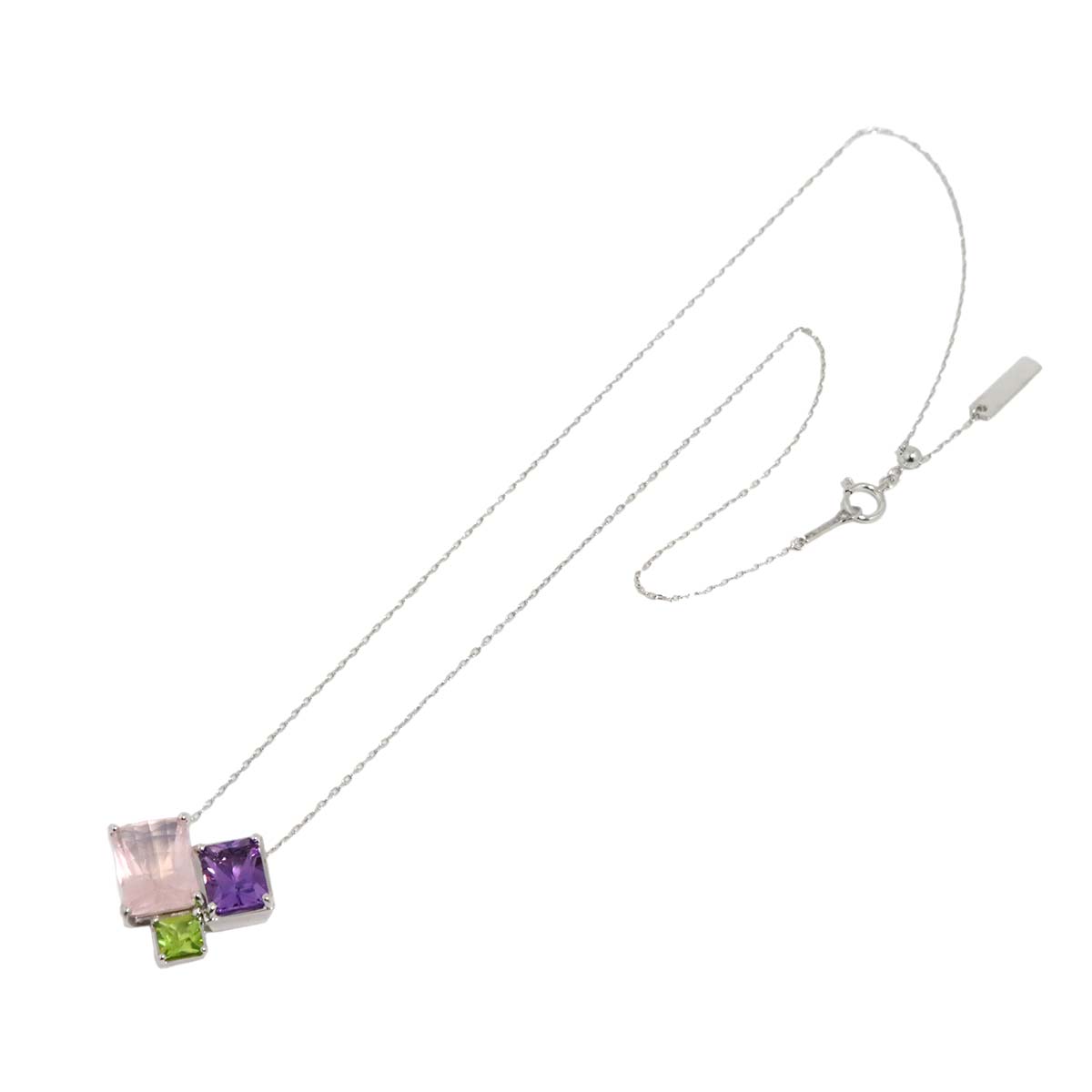 Quartz Amethyst Peridot Necklace 18K White Gold 750