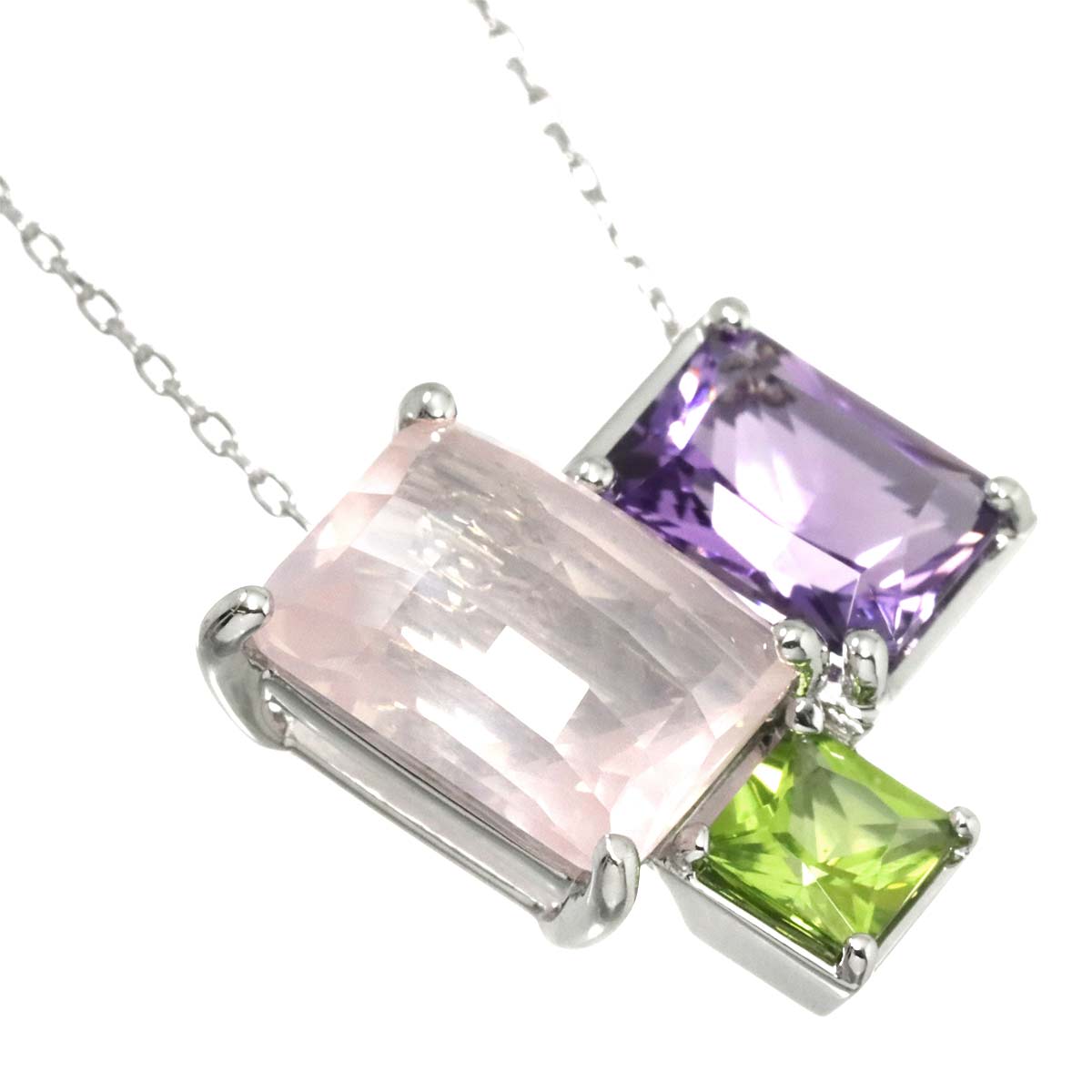Quartz Amethyst Peridot Necklace 18K White Gold 750