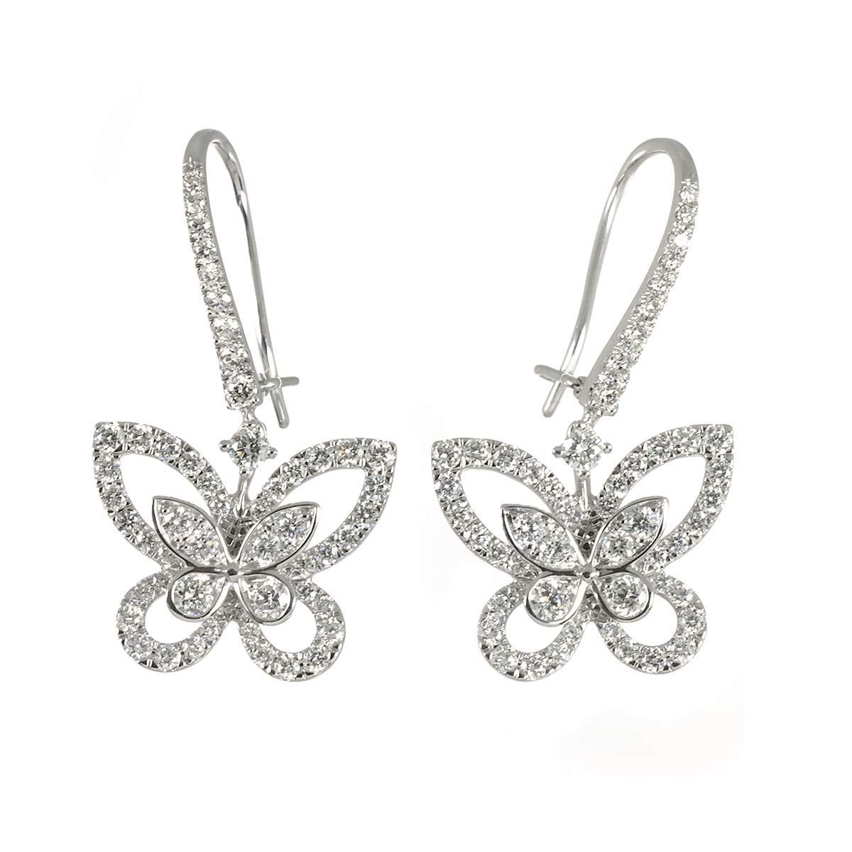 Butterfly Diamond Drop Earrings Pierced 18K WG 750