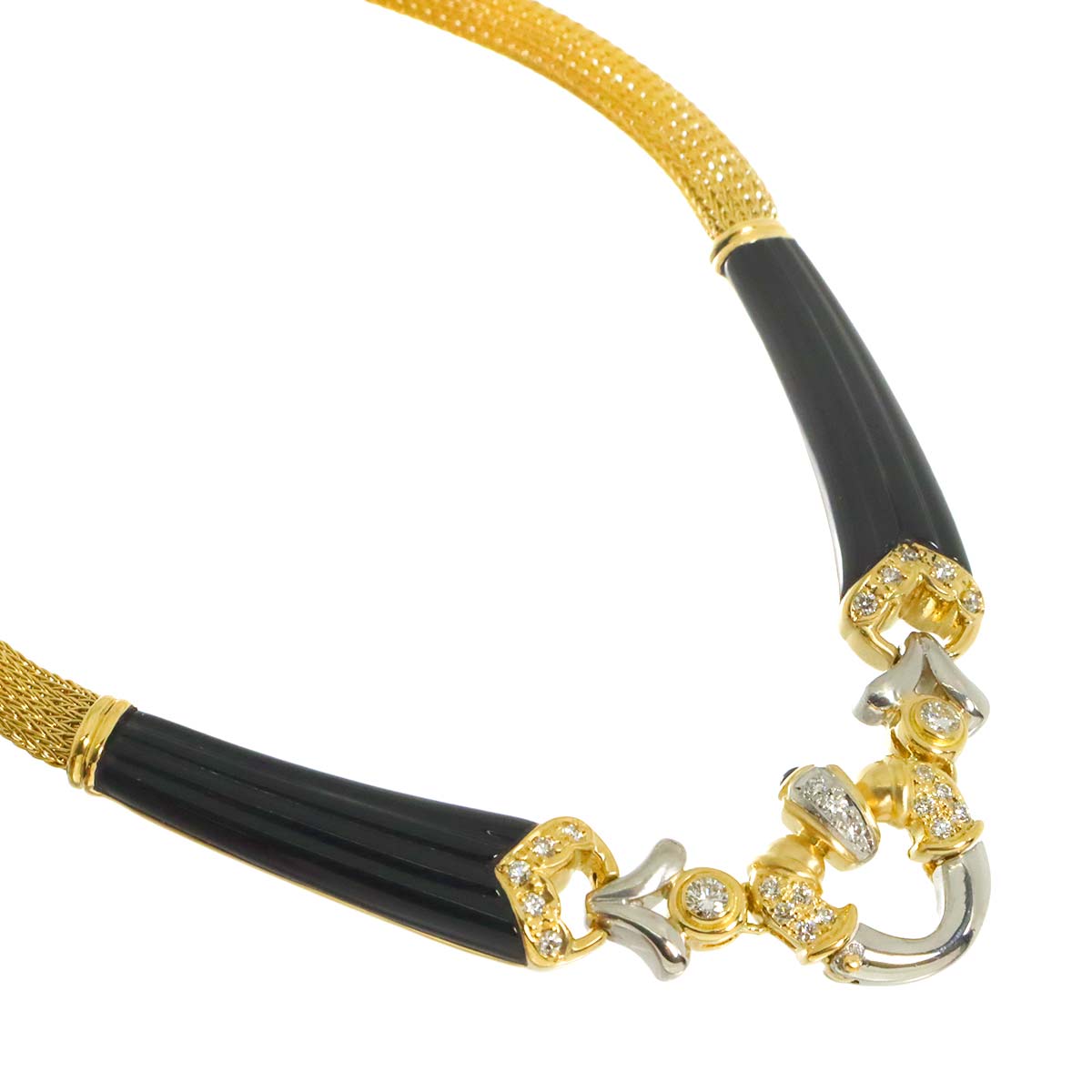 Diamond 0.38ct Sapphire 0.05ct Onyx Necklace Pt 18K YG