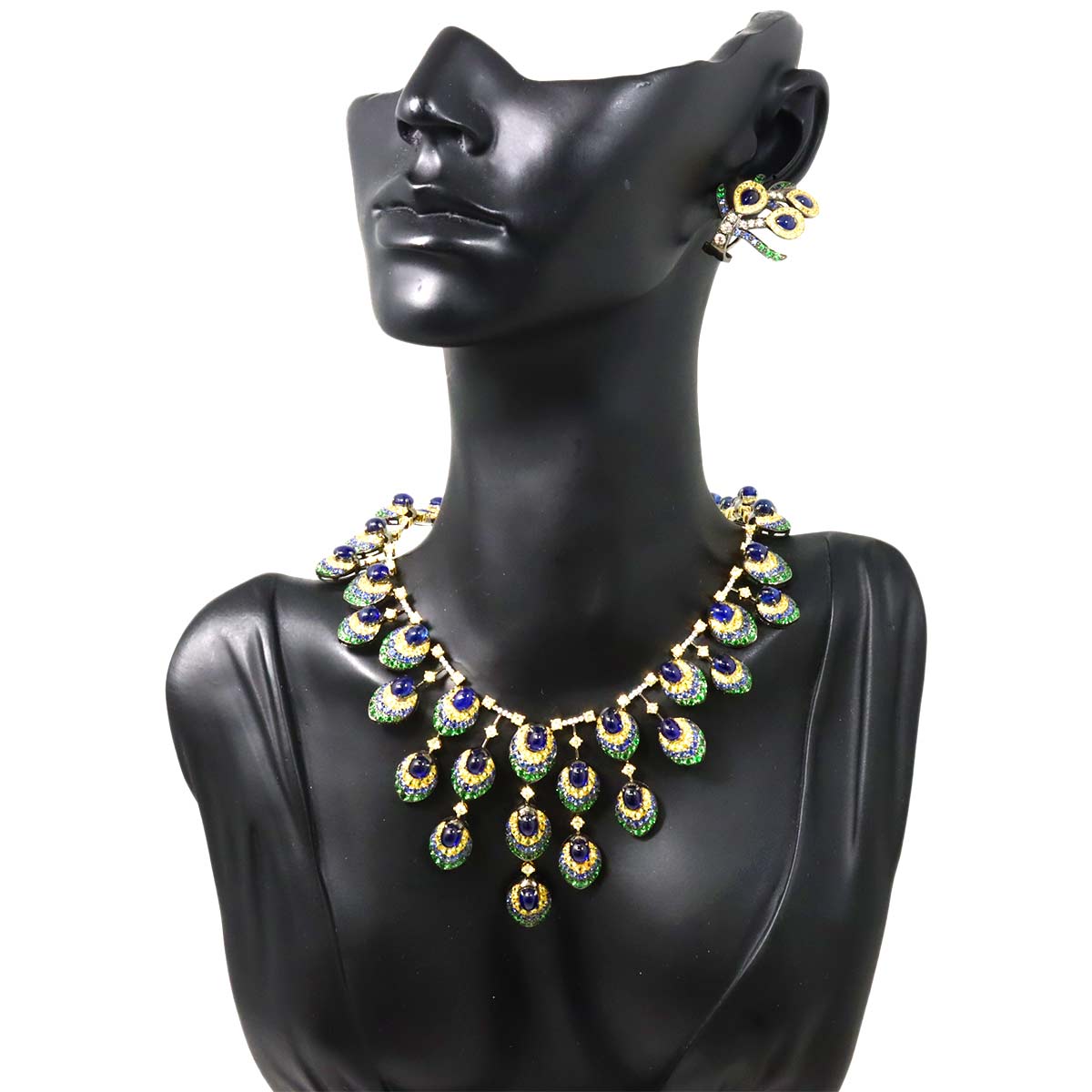 Sapphire Garnet Diamond Necklace Ring Earrings Pierced 18K YG 750