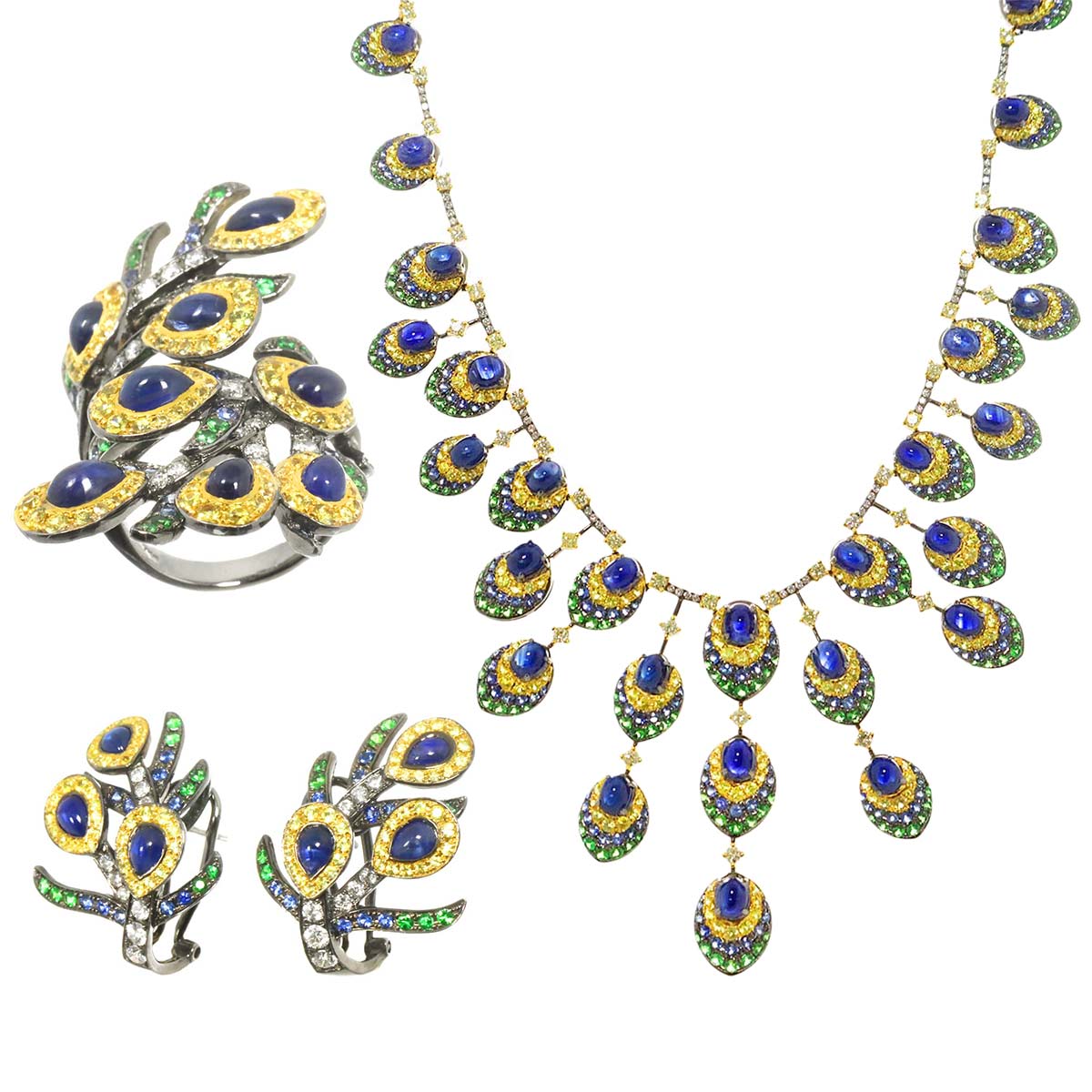 Sapphire Garnet Diamond Necklace Ring Earrings Pierced 18K YG 750