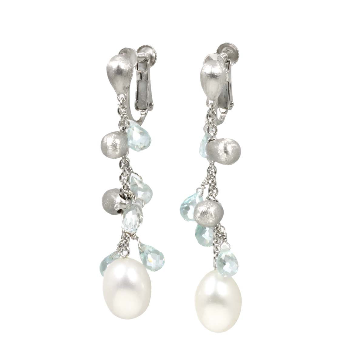 Freshwater pearl Blue Topaz Earrings Clip on 18K WG 750