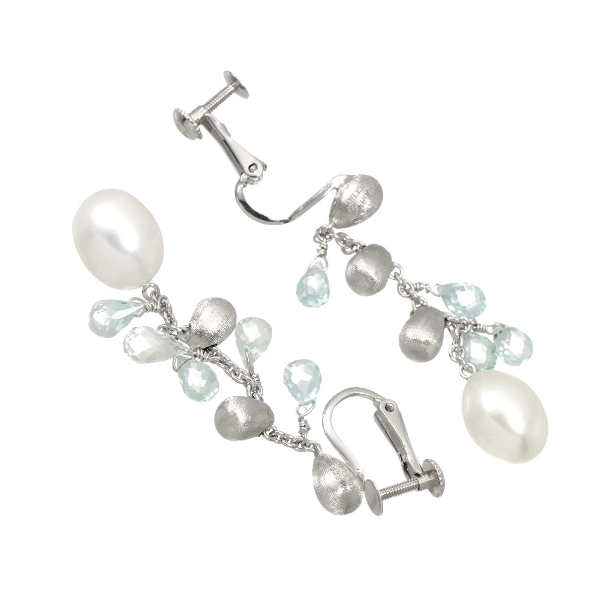 Freshwater pearl Blue Topaz Earrings Clip on 18K WG 750