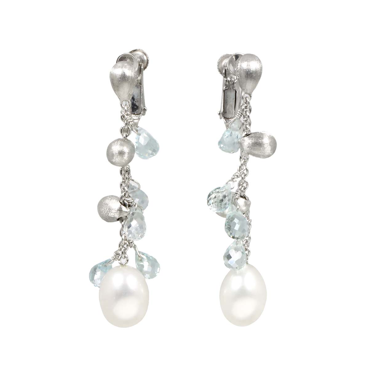Freshwater pearl Blue Topaz Earrings Clip on 18K WG 750