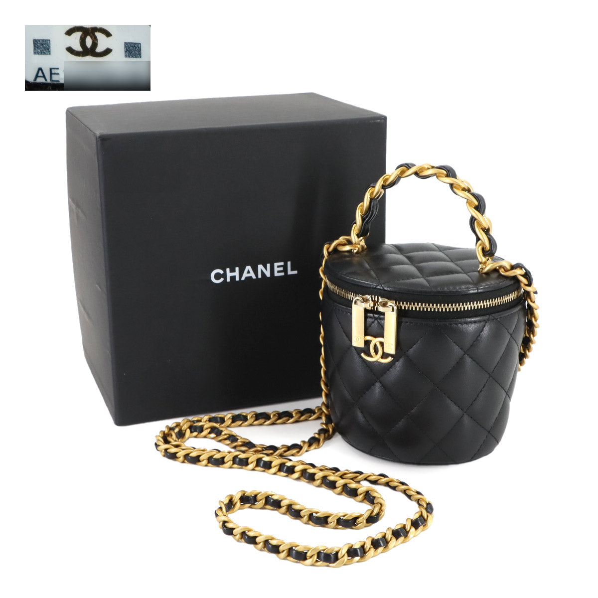 Matelasse Mini Vanity Chain Hand Shoulder Bag Leather Black