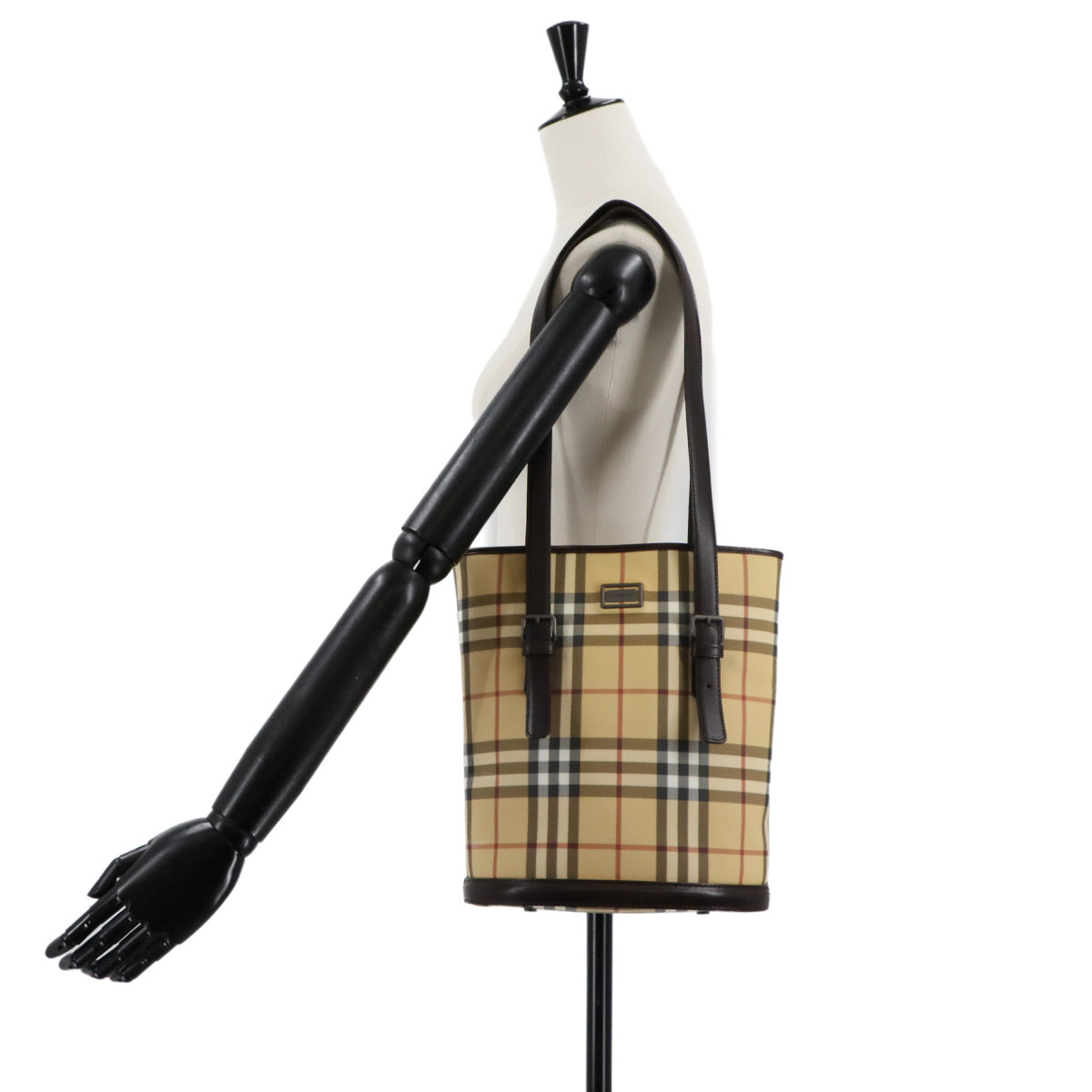 Plaid Tote Bag PVC Leather Beige Brown Purse