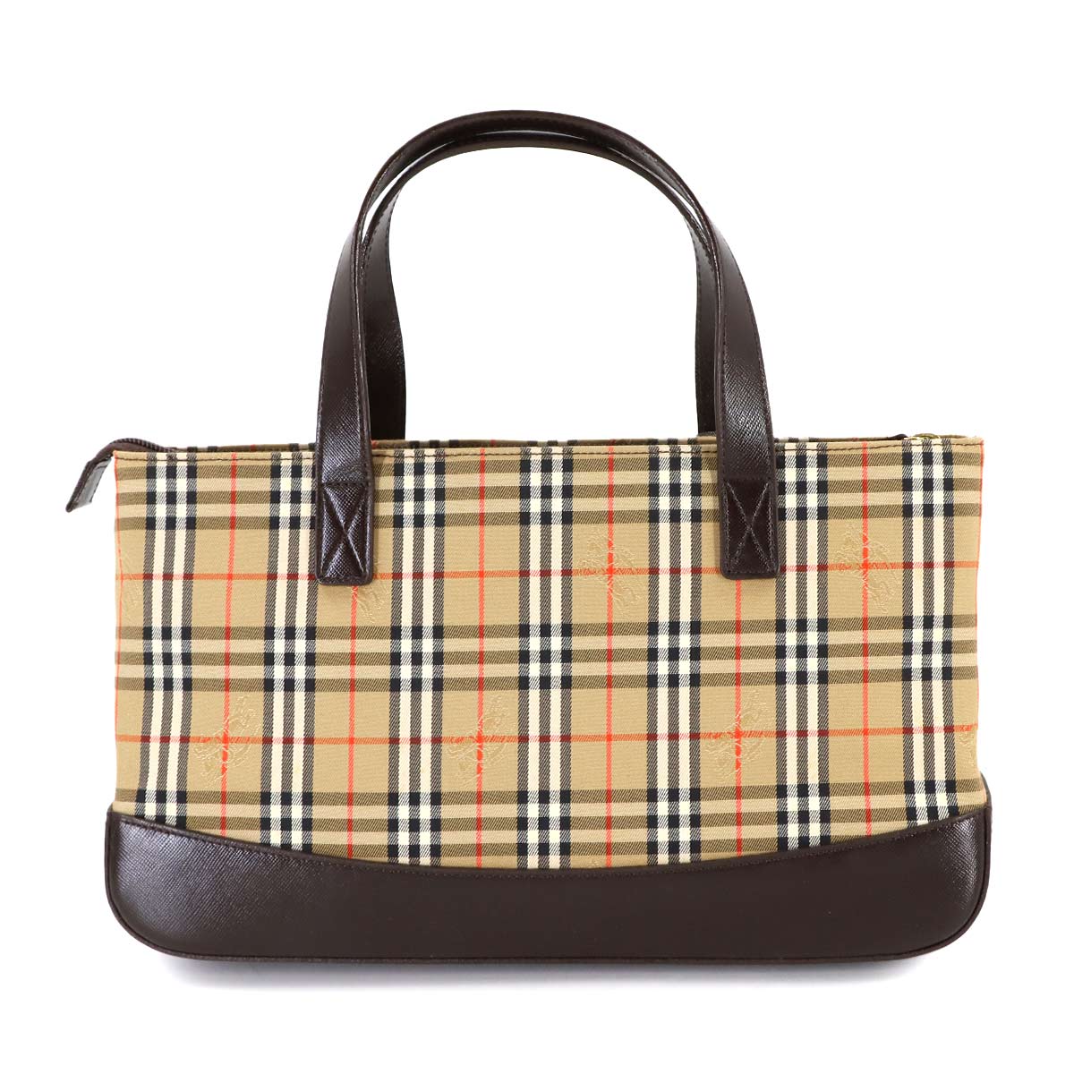 Plaid Hand Bag Canvas Leather Beige Brown Purse