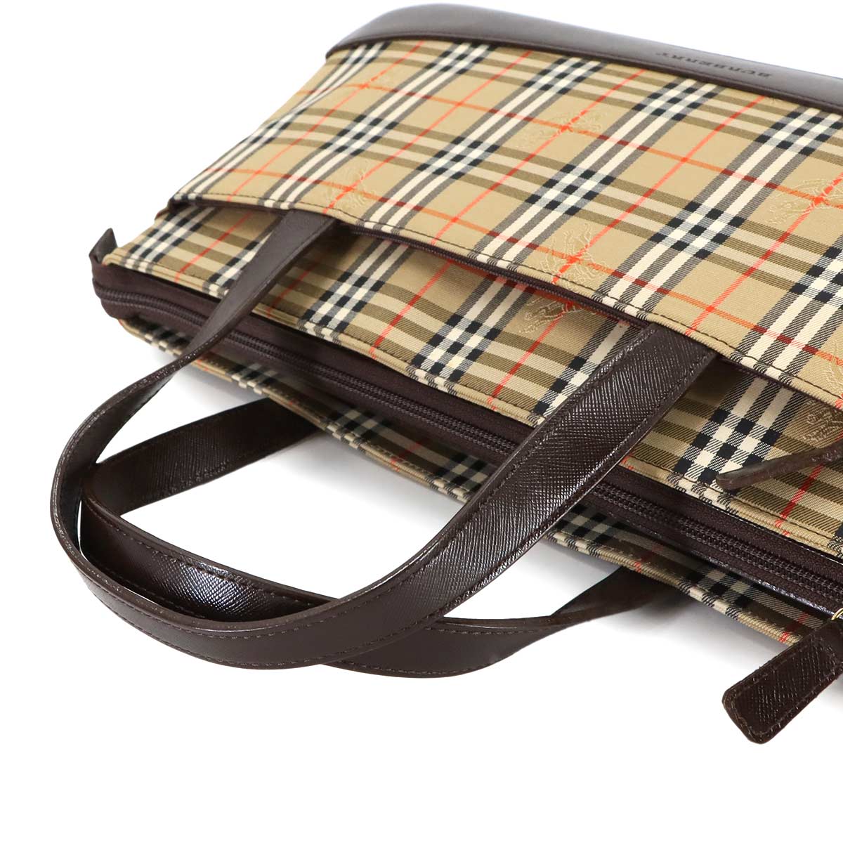 Plaid Hand Bag Canvas Leather Beige Brown Purse