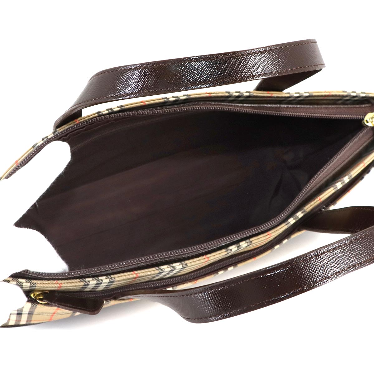 Plaid Hand Bag Canvas Leather Beige Brown Purse