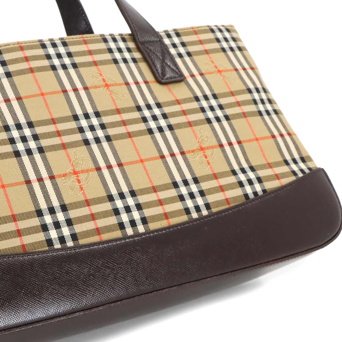 Plaid Hand Bag Canvas Leather Beige Brown Purse