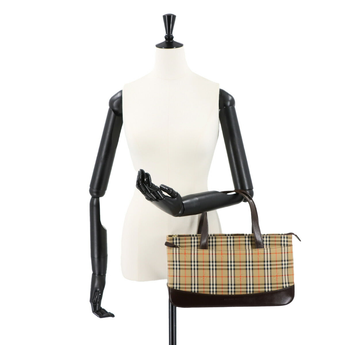 Plaid Hand Bag Canvas Leather Beige Brown Purse