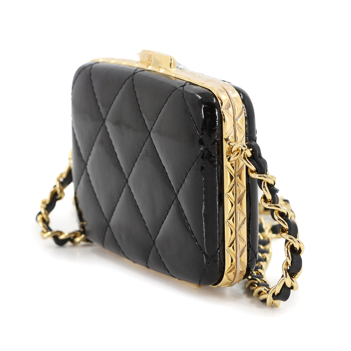 Matelasse Chain Shoulder Card Case Enamel Black AP2242