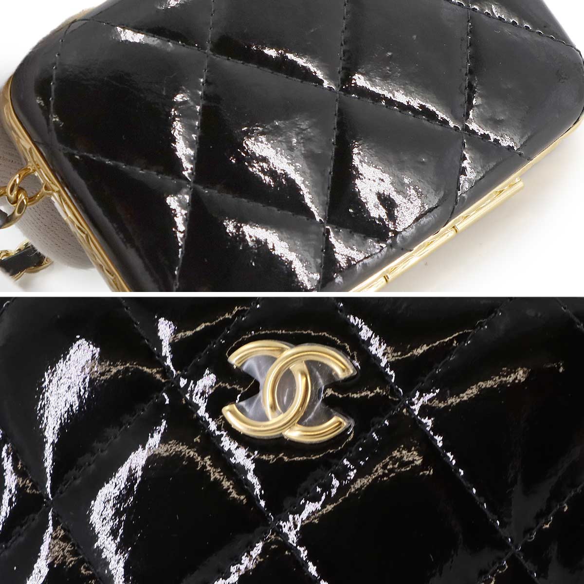 Matelasse Chain Shoulder Card Case Enamel Black AP2242