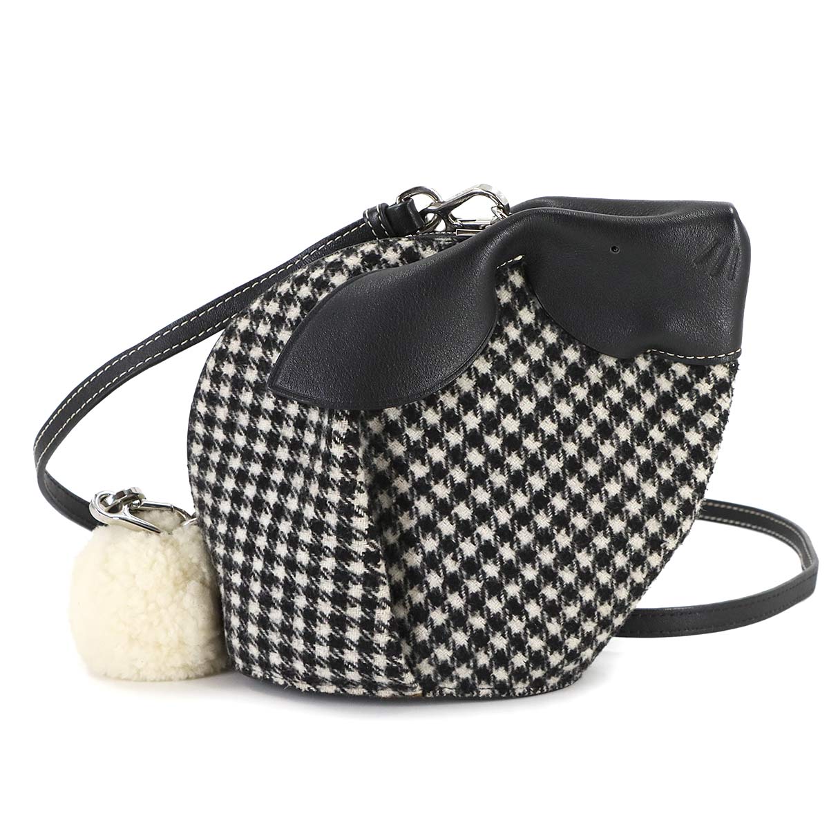 Bunny Mini Shoulder Bag Wool Leather Black White Houndstooth