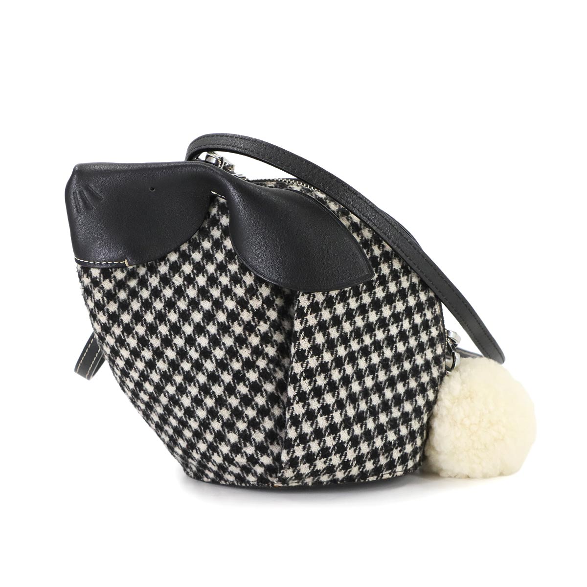 Bunny Mini Shoulder Bag Wool Leather Black White Houndstooth