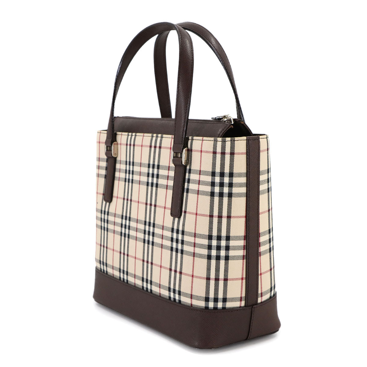 Plaid Hand Bag Canvas Leather Beige Brown Purse