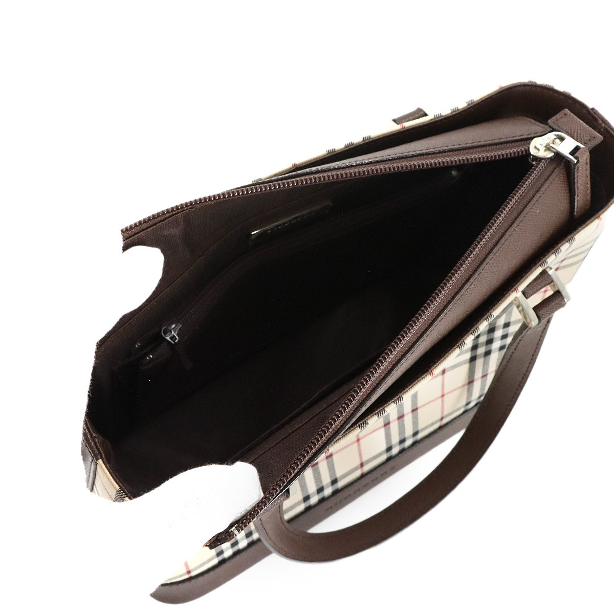 Plaid Hand Bag Canvas Leather Beige Brown Purse