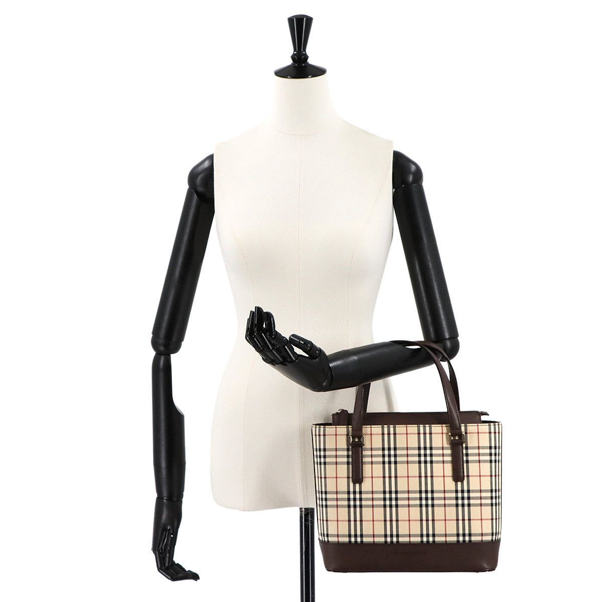 Plaid Hand Bag Canvas Leather Beige Brown Purse