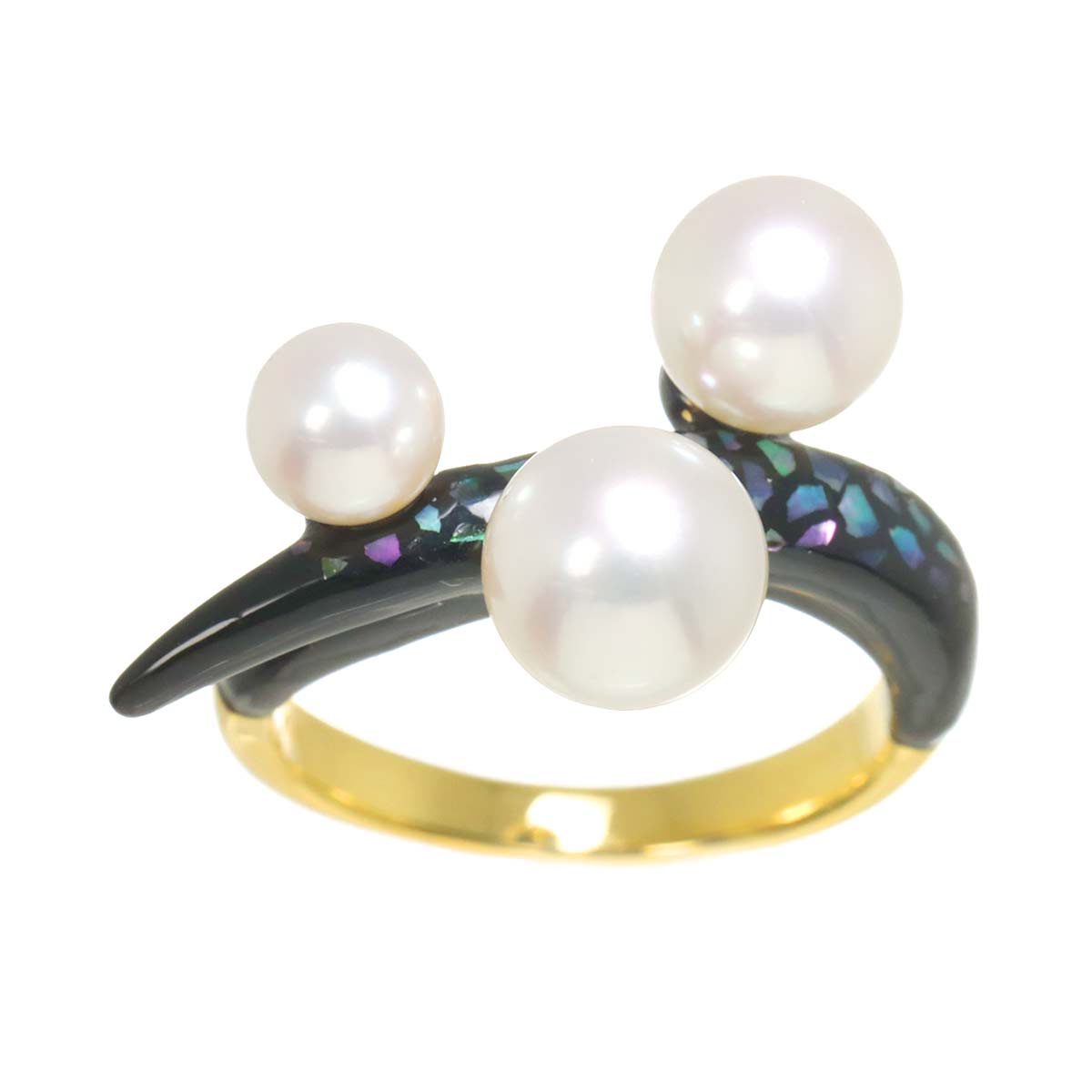 Akoya Pearl 7.6-5.4mm Enamel MOP Ring 18K YG 750 6.25-6.5(US)