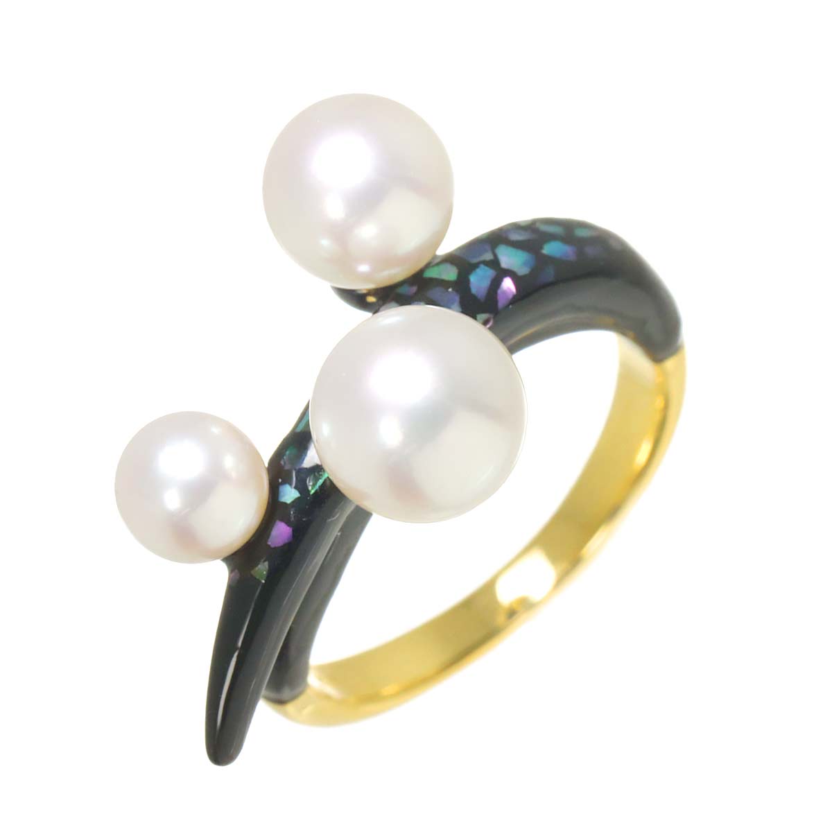 Akoya Pearl 7.6-5.4mm Enamel MOP Ring 18K YG 750 6.25-6.5(US)