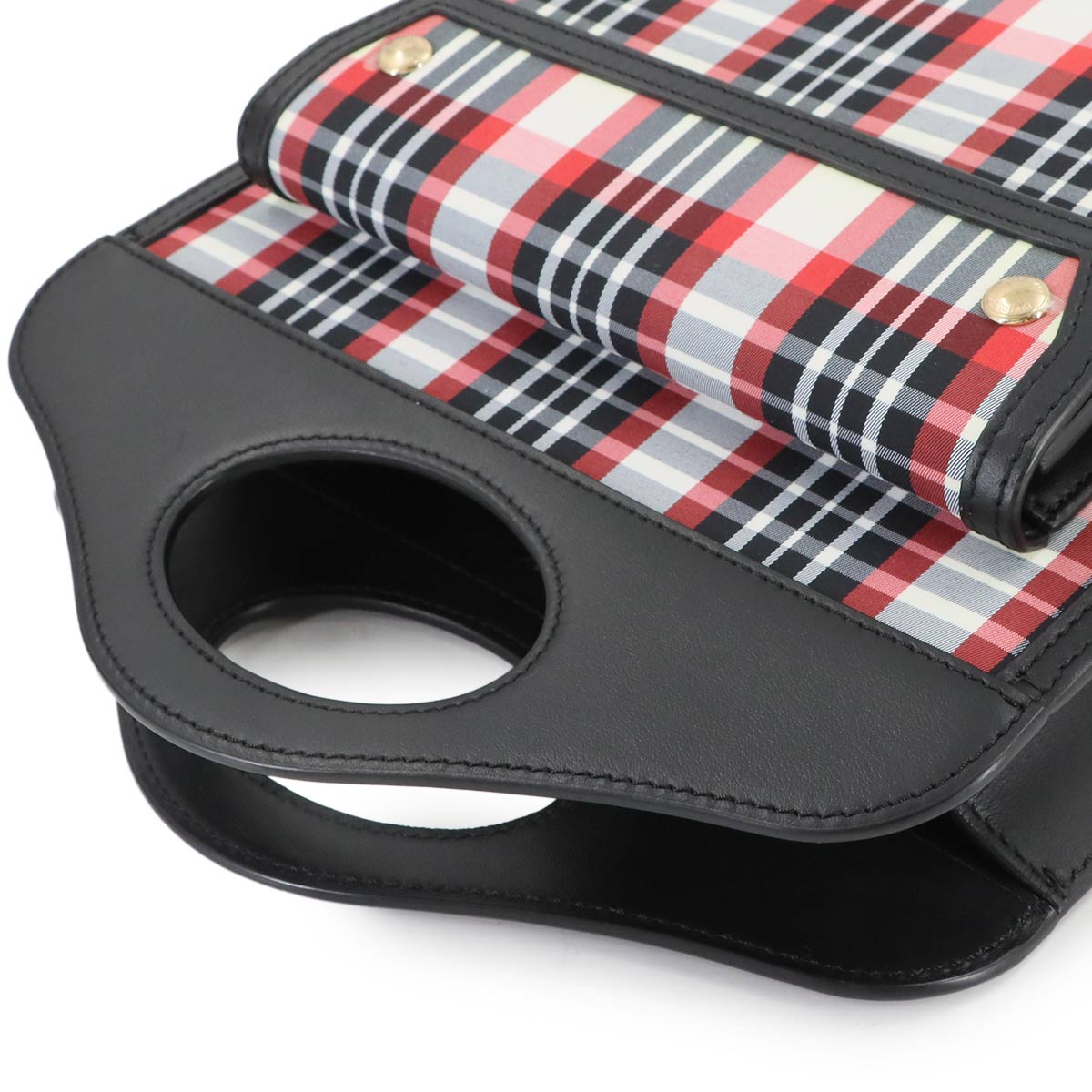 Check Pocket Bag Hand Shoulder Bag Leather Nylon Black Red