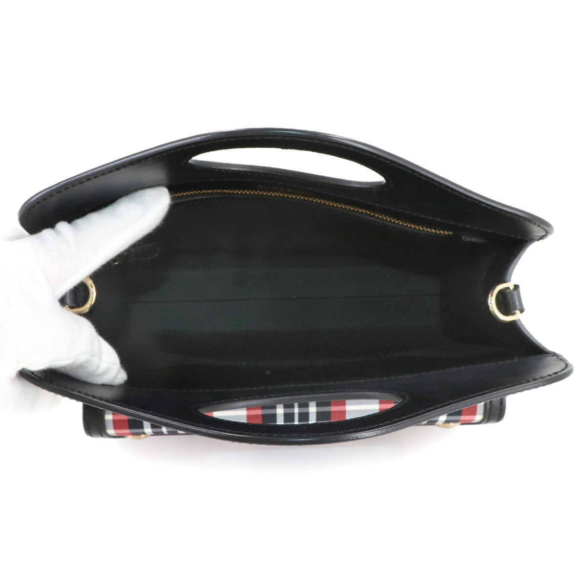 Check Pocket Bag Hand Shoulder Bag Leather Nylon Black Red