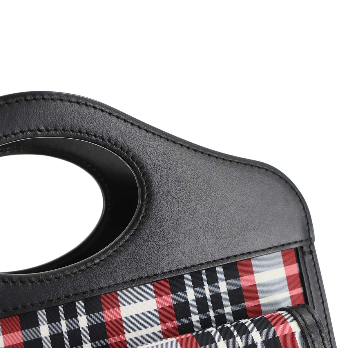 Check Pocket Bag Hand Shoulder Bag Leather Nylon Black Red