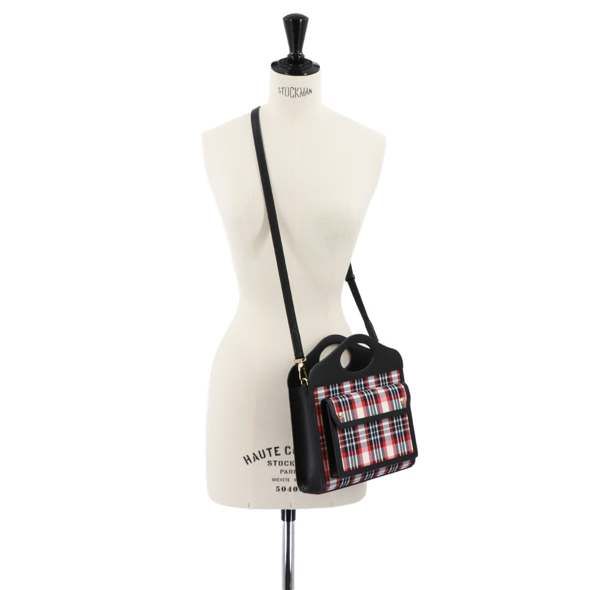 Check Pocket Bag Hand Shoulder Bag Leather Nylon Black Red