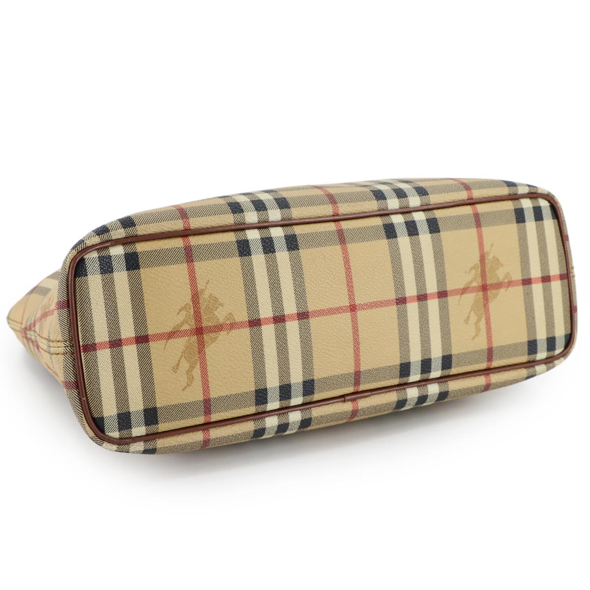 Plaid Hand Bag PVC Leather Beige Brown Purse