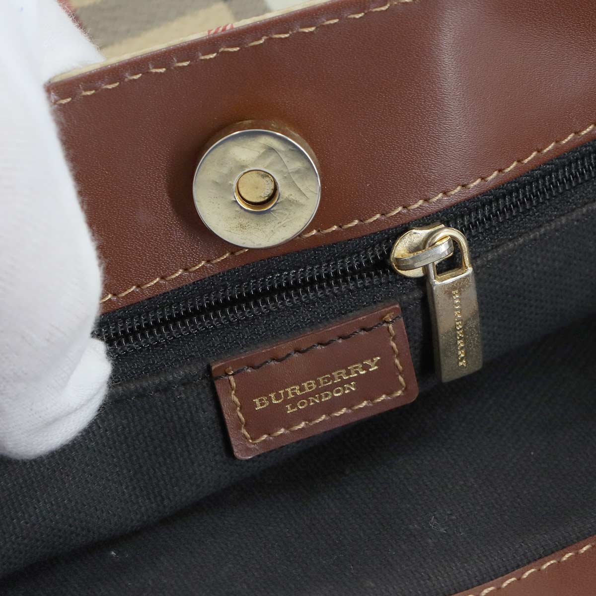 Plaid Hand Bag PVC Leather Beige Brown Purse