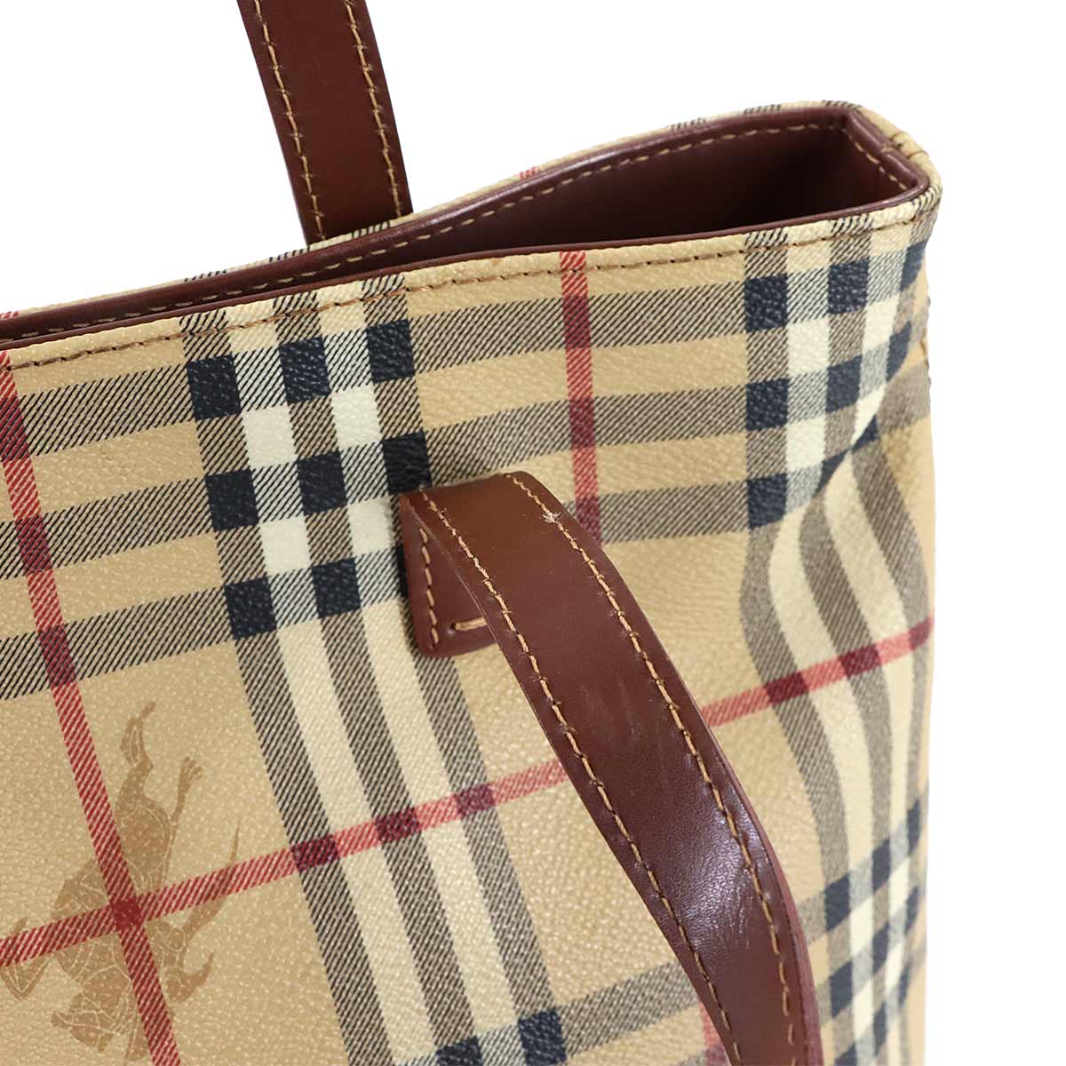 Plaid Hand Bag PVC Leather Beige Brown Purse
