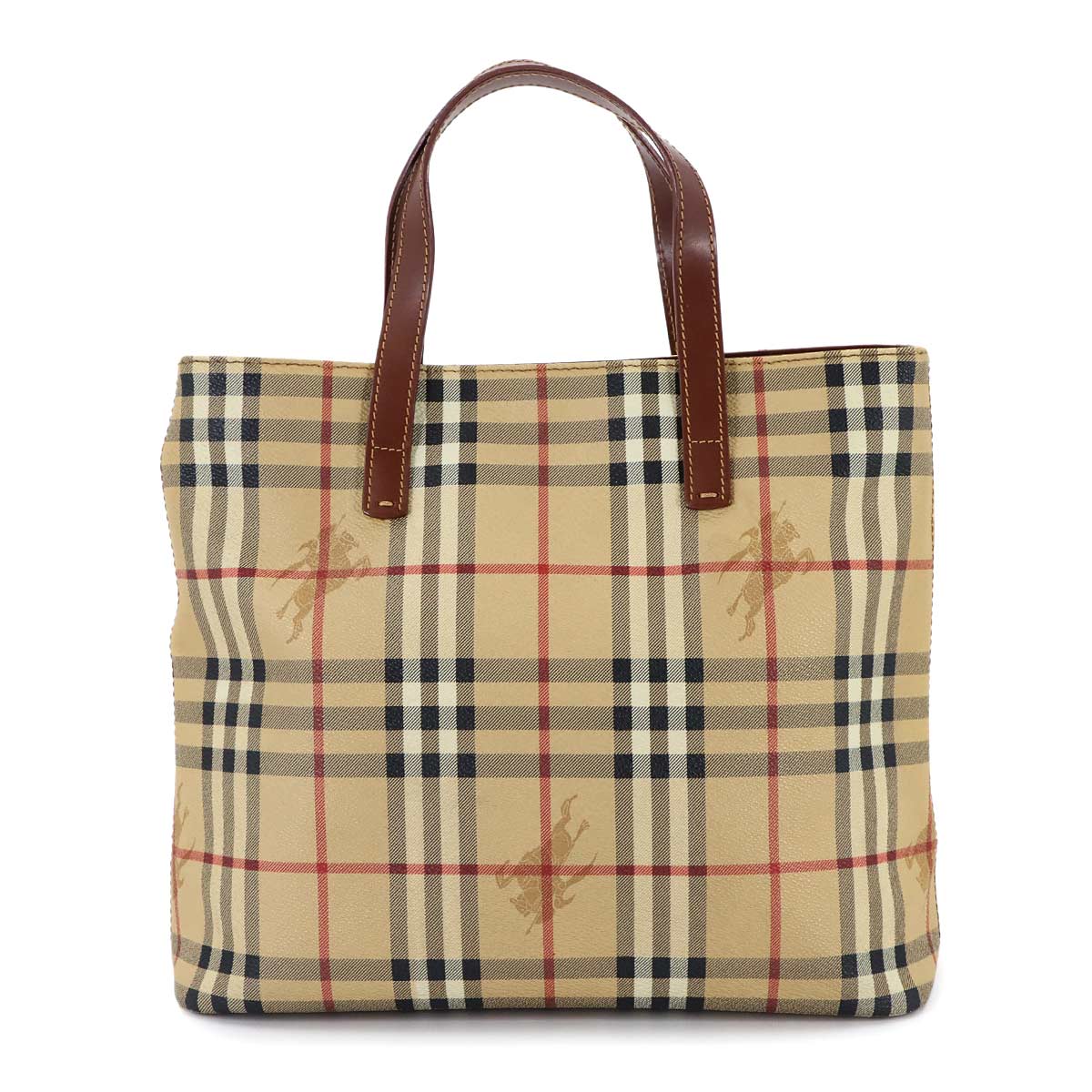 Plaid Hand Bag PVC Leather Beige Brown Purse