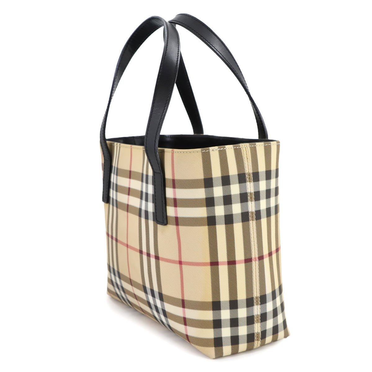 Plaid Hand Bag PVC Leather Beige Black Purse