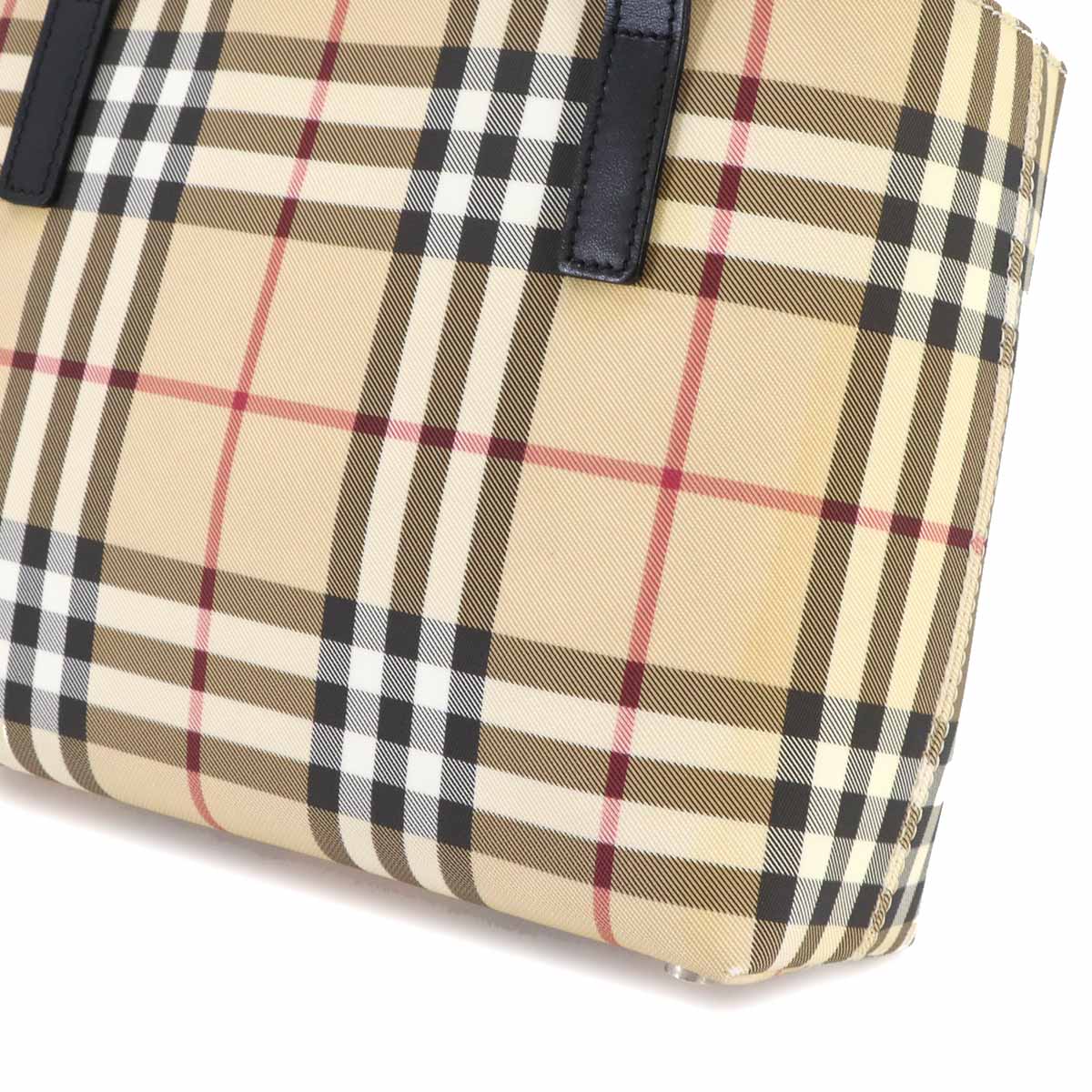 Plaid Hand Bag PVC Leather Beige Black Purse