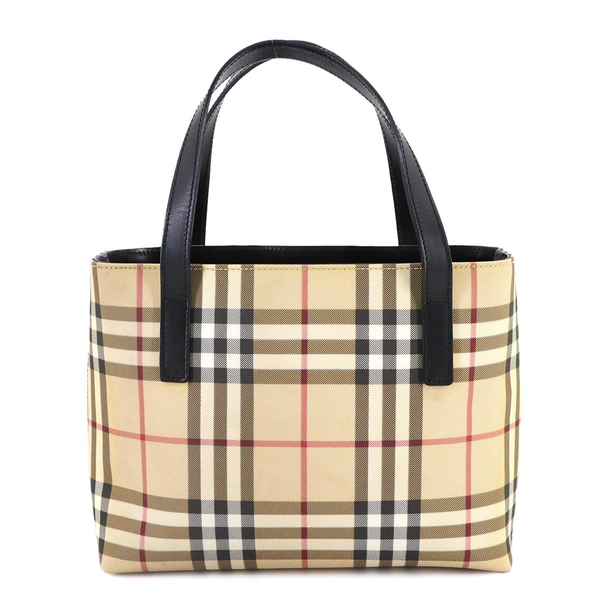 Plaid Hand Bag PVC Leather Beige Black Purse