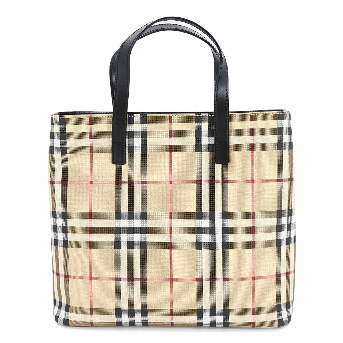 Plaid Hand Bag PVC Leather Beige Black Purse
