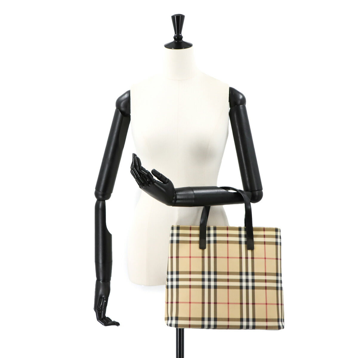 Plaid Hand Bag PVC Leather Beige Black Purse