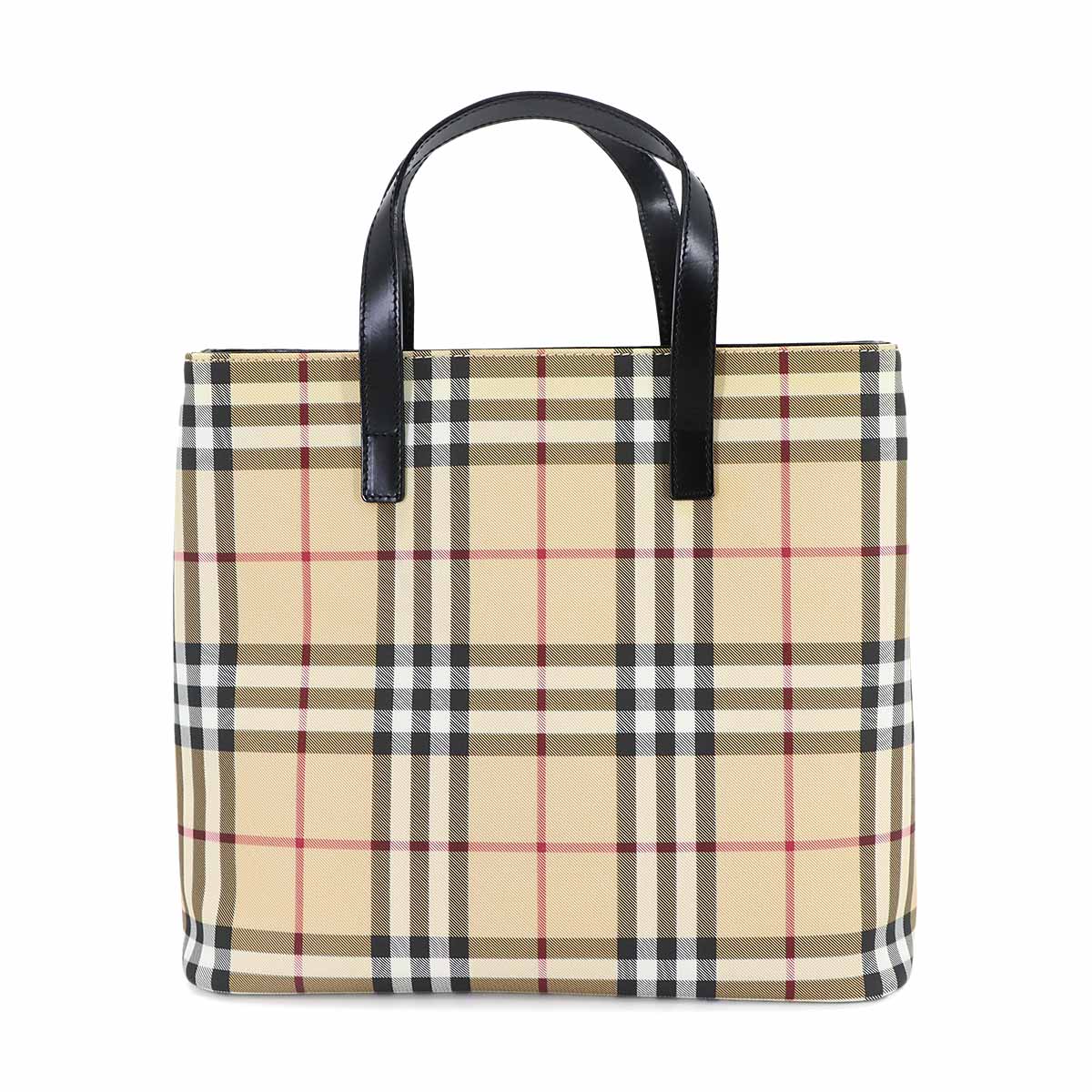 Plaid Hand Bag PVC Leather Beige Black Purse