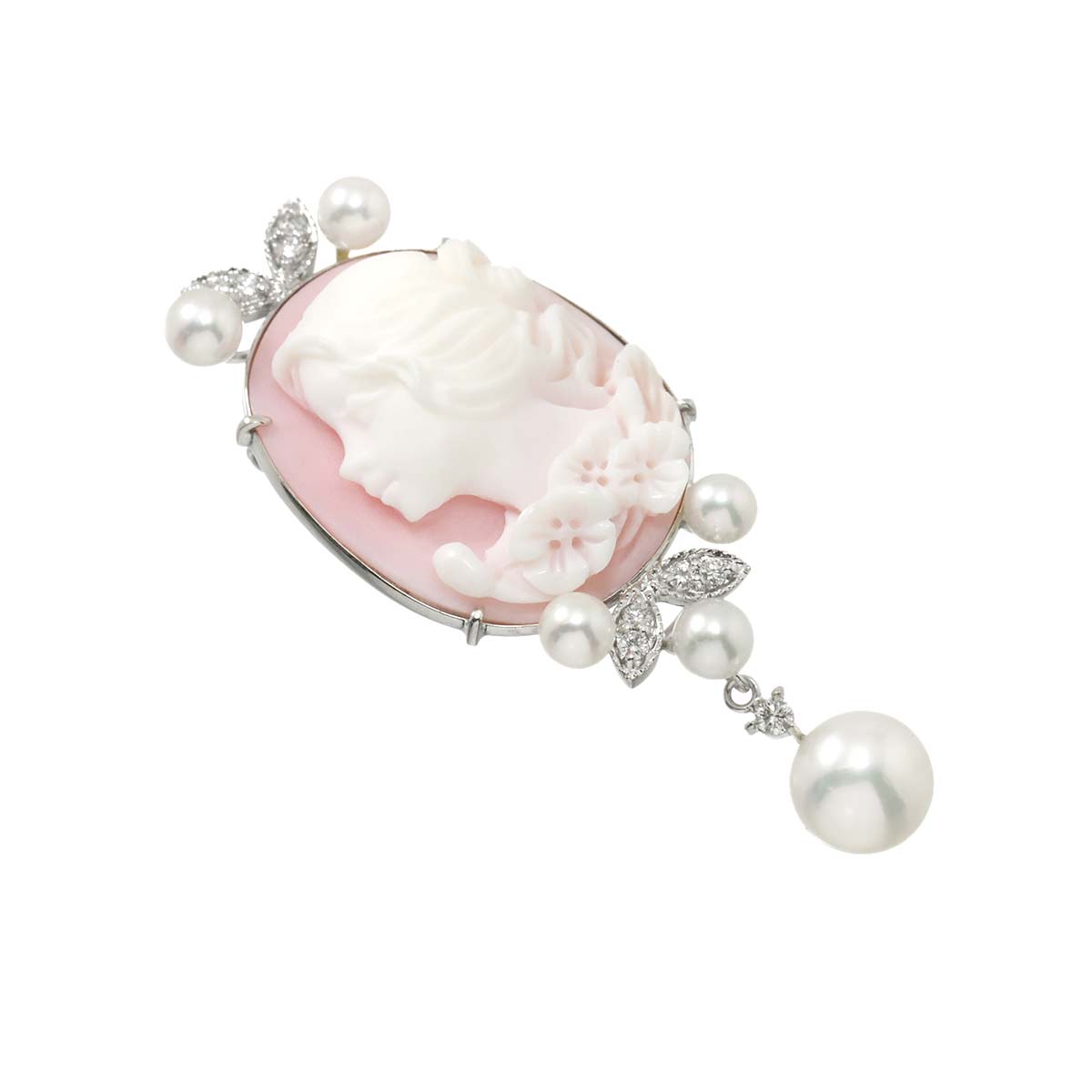 Shell Cameo Akoya Pearl Diamond 0.13ct Brooch Pendant 18K WG 750