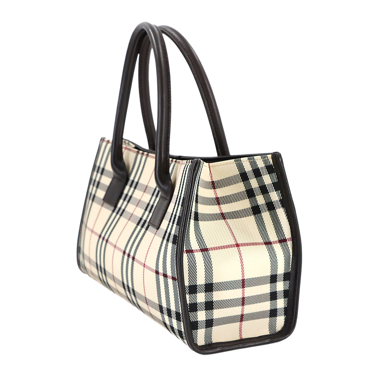 Plaid Hand Bag Canvas Leather Beige Brown Purse