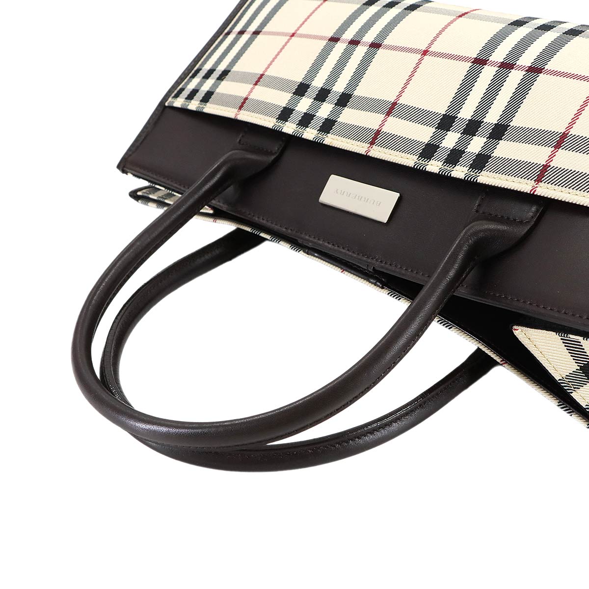 Plaid Hand Bag Canvas Leather Beige Brown Purse