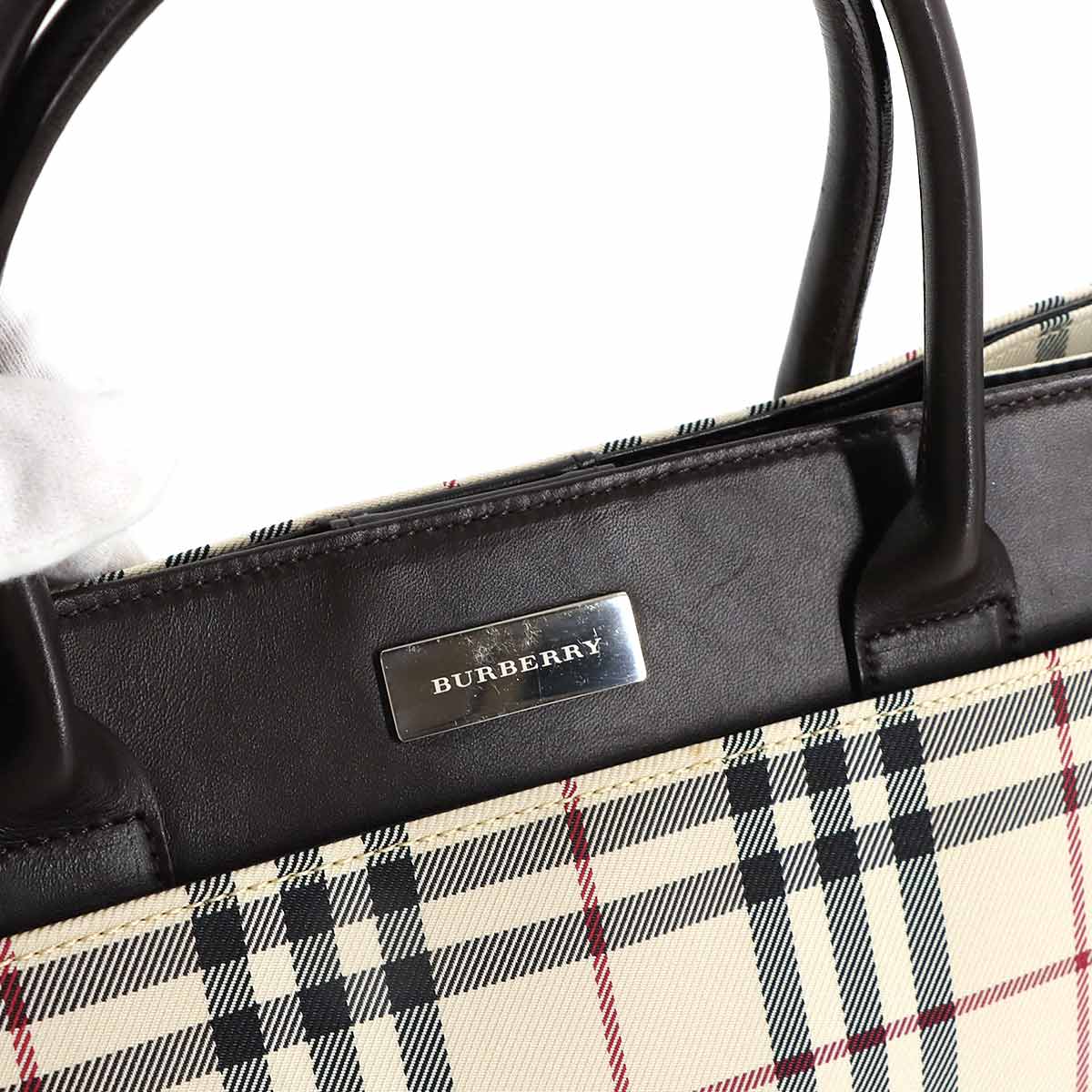 Plaid Hand Bag Canvas Leather Beige Brown Purse