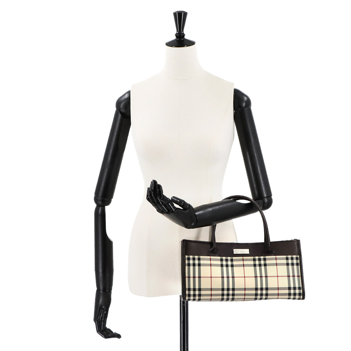 Plaid Hand Bag Canvas Leather Beige Brown Purse